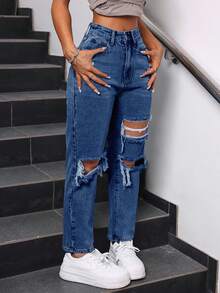 SHEIN Tall Celana Jeans Wanita Kasual Model Tapered dengan Efek Lusuh dan Cuci, Ukuran Wanita Tinggi - Medium Wash - View 6