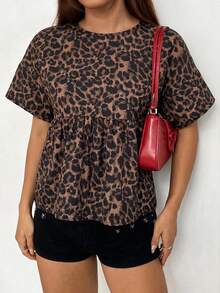 SHEIN EZwear 女款豹紋時尚街頭風圓領短袖上衣 - 棕色 - 查看 4