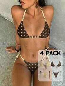Aloruh Đồ bơi nữ, bộ bikini hai mảnh gợi cảm thanh lịch lãng mạn phong cách vintage họa tiết chấm bi tương phản rừng nhiệt đới, áo cổ yếm dây buộc cúp tam giác mini + quần bikini buộc dây bên hông mini, cho kỳ nghỉ xuân/hè - Nhiều màu - Xem 3