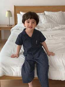 Hapijoa 男童格子长袖单排扣上衣和裤子睡衣套装 - 藏蓝色 - 查看 3
