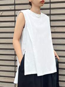 FRIFUL 女士休闲无袖开衩背心 - 白色 - 查看 5
