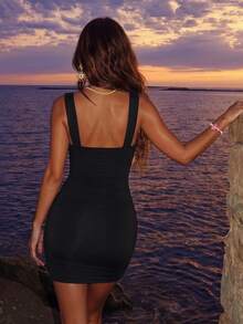 SHEIN Allurite Women's Solid Color Mesh Patchwork Sexy Fitted Camisole Mini Dress - Black - View 2