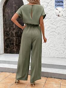 SHEIN Clasi Women's Vacation Solid Color Round Neck Batwing Short Sleeve Wide Leg Jumpsuit - Khaki - View 2
