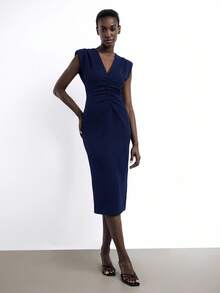 Maija 海軍藍優雅女款洋裝，V領寬肩墊抓褶前襟設計，夏季辦公職場都市通勤，正式婚禮賓客派對禮服 - 藏蓝色 - 查看 2