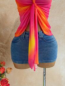 Soleia Top halter con tiras anudadas y degradado de puesta de sol romántico para mujer, vacaciones, festival de música vintage, fiesta, vacaciones tropicales, cita, té de la tarde, crucero de playa, viaje por carretera, vacaciones en la ciudad, festival de música, fiesta, bohemio, hippie, occidental, carnaval, Día de San Patricio - Rosa Fucsia - Ver 4