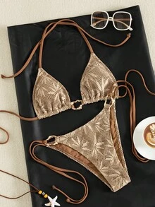 Bonvoyette 女款性感掛脖蕾絲金屬環兩件式泳衣，優雅浪漫海灘度假泳裝套裝，春/夏 - 彩色 - 查看 6