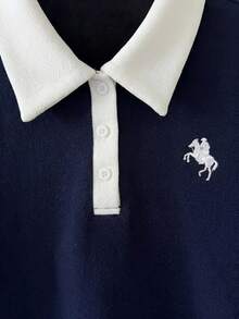 SHEIN 青少年女孩深藍色 Polo 領刺繡百褶下擺休閒洋裝，校服風格 - 彩色 - 查看 7
