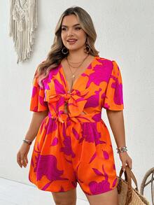 SHEIN CURVE+ Plus Size Women's Holiday Island Romantic Orange And Pink Color Blocked Printed Tie Front Bow Short Sleeved Loose Cut Jumpsuit South Beach Women's Summer Women's Summer Women's European Summer Suits Women's Cute Summer Beach Wear Bohemian Women's Wear Pretend Women's Wear Pretend Women's Wear Pretend Women's Hip-Hop Wear Women's Easter Wear Women's Carnival Wear Country Concert Wear Nashville Wear Ibiza Wear - Multicolor - View 3