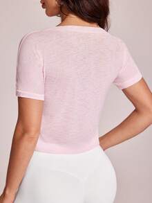 SHEIN Sovereign Charm Women's Solid Color Pleated Casual Versatile Daily Wear & Sports Short Sleeve T-Shirt - Pink - View 2