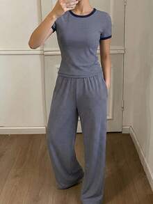 DAZY Women's Round Neck Striped Short Sleeve Top And Long Pants Casual Daily Homewear Set - Navy Blue - View 7