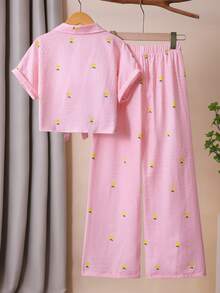 2pcs Girls Striped Textured Fabric Short Sleeve Shirt And Casual Pants Set - Pink - View 2