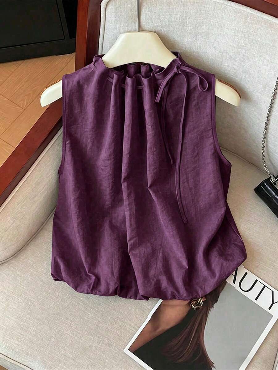SHEIN Franclia 女款優雅無袖彈性腰鬆領抽繩紋理梭織白色襯衫,春/夏 - 紫色 - 查看 1