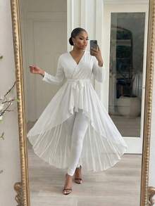 SHEIN Lady CURVE 大尺碼女款V領打結腰身休閒百搭日常穿搭襯衫 - 白色 - 查看 5