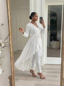 SHEIN Lady CURVE 大尺碼女款V領打結腰身休閒百搭日常穿搭襯衫 - 白色 - 查看 6