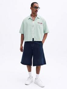 SUMWON Striped Short Sleeve Cropped Button-Up Shirt With Chest Pocket And Script Embroidery Summer Casual - Green - View 4