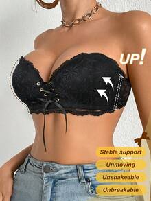 DesireSculpt 1pc Women's Wireless Lace Padded Bra, Comfortable Supportive, White Summer Sequin - Black - View 7
