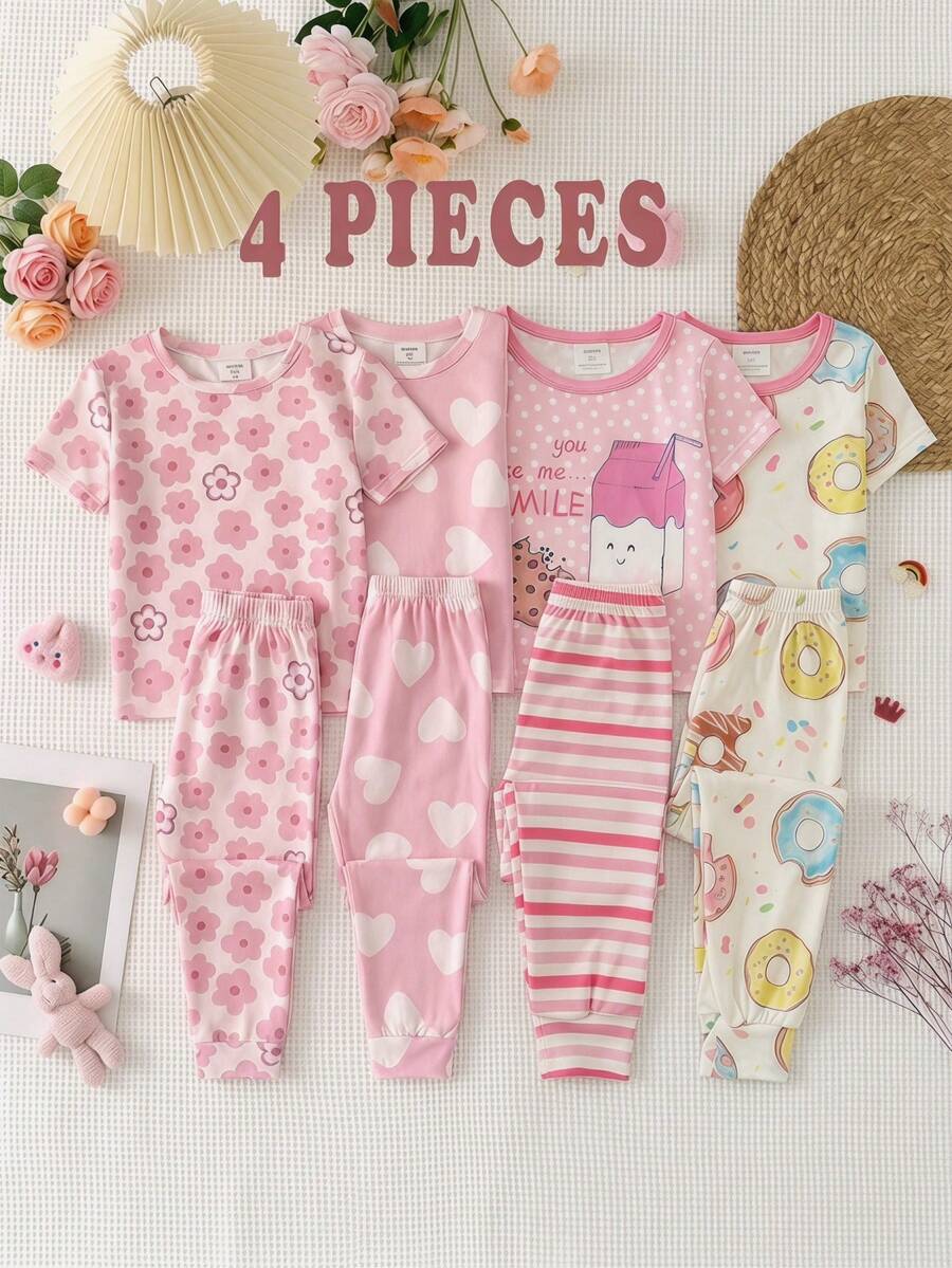 SHEIN 4pcs Young Girl Knitted Cute Donut Pattern Round Neck T-Shirt & Leggings Homewear Set - Multicolor - View 1