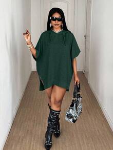 Maweii Plus Size Casual Solid Color Batwing Sleeve Sweatshirt - Dark Green - View 3