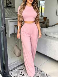 Selianne Setelan 2 Potong Wanita Kasual Warna Polos, Kaos Pendek dan Celana, Musim Panas - Baby Pink - View 4