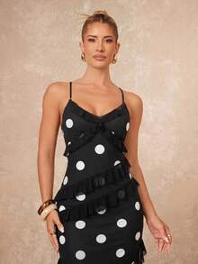 Lumalex New Sleeveless Polka Dot Ruffle Trim Dress - Black and White - View 4
