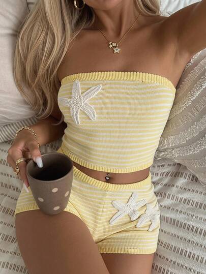 CovetEZ Women's Summer Casual Knitwear Set: Yellow And White Striped Knit Top With Starfish Pattern, Paired With Matching Tight-Fitting Shorts. A Sweet And Lovely Casual Loungewear Set Perfect For Summer Vacations, A Must-Have For Beach Getaways. Stylish Women's Yellow And White Striped Knit Top And High-Waisted Shorts Set, Adorned With Starfish Pattern, Ideal For Summer Relaxation At Home.
