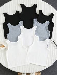SHEIN 8pcs/Set Kids/Young Boys' Solid Color Minimalist Round Neck Undershirt - White - View 3
