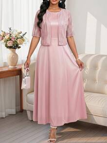 SHEIN Lady 女士优雅派对亮片网纱上衣和连衣裙两件套 - 粉色 - 查看 6