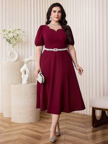 Modelyn Plus Size Elegant Party Rhinestone Decorated Dress - Burgundy - View 3