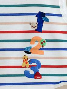 SHEIN 2件組新生兒嬰兒幼兒休閒條紋圖案動物無袖背心與短褲套裝，柔軟夏季海灘穿搭服飾 - 杏色 - 查看 7