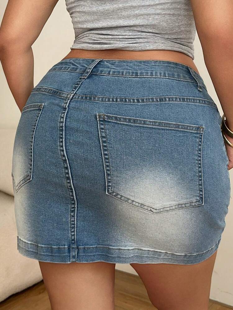 Dazy Plus Vintage Washed Distressed Wrap Sexy Versatile Mini Skirt, Plus Size Women Spring Summer Date Casual Denim Clothing