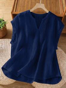 SHEIN LUNE CURVE 大码女式纯色V领休闲百搭日常衬衫 - 藏蓝色 - 查看 1