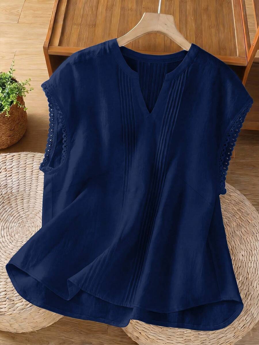 SHEIN LUNE CURVE 大码女式纯色V领休闲百搭日常衬衫 - 藏蓝色 - 查看 1