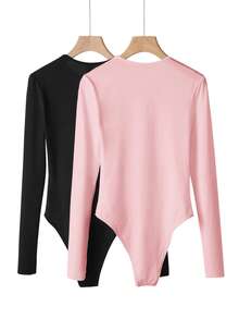 SHEIN BASICS 2件/組休閒素色針織圓領長袖女款連身衣 - 彩色 - 查看 4