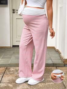 SHEIN Maternity Casual Commuter Striped Pants Summer Outfits  Casual Baby Shower Outfits - Pink - View 6