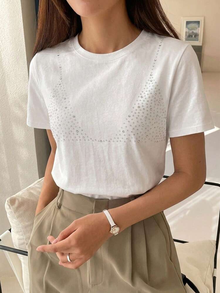 Women's Round Neck Rhinestone Casual Versatile Daily Wear Short Sleeve T-Shirt
