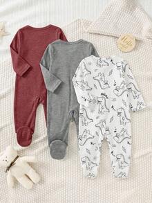 SHEIN 3pcs Set Romper Bayi Baru Lahir Unisex Motif Kartun Lengan Panjang dengan Penutup Kaki, Piyama Rajut Kasual - MultiWarna - View 2