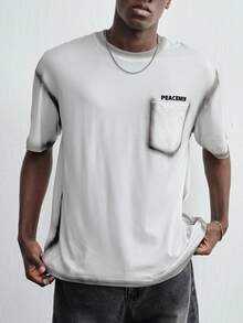 ROMWE MEN Street Life Herren Farbverlauf bedrucktes Kurzarm T-Shirt mit Tasche - Aprikosenfarben - Übersicht 5