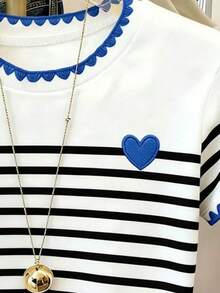 Elladie kids Áo thun ngắn tay cổ tròn cho bé gái, sọc đen trắng với thiết kế trái tim ren hoa màu xanh, phù hợp cho hoạt động ngoài trời, mùa xuân, mùa hè, mùa thu - Nhiều màu - Xem 4