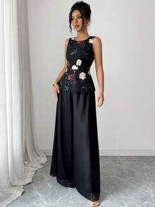 SHEIN Clasi 女款無袖優雅休閒通勤與外出顯瘦背心上衣 & 長褲兩件套，陽光下閃亮，夏季穿搭 - 黑色 - 查看 4
