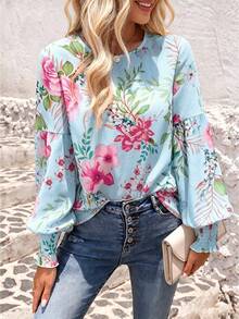 EMERY ROSE Women's Floral Print Fashion Flare Cuff Blouse For Vacation Light Blue Floral Autumn Boho - Multicolor - View 6