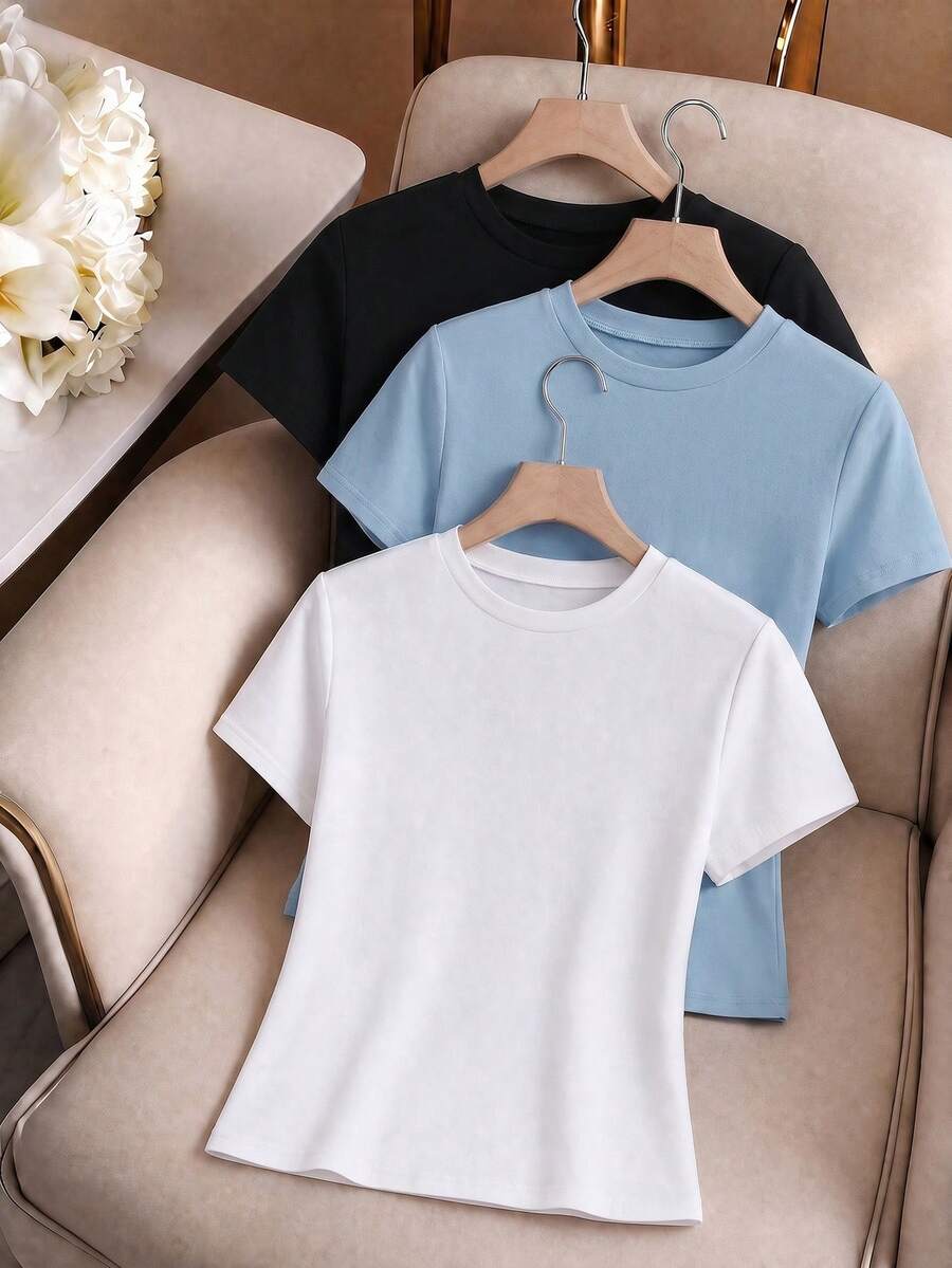 GlowEve 3pcs Women Casual Versatile Short Sleeve Fitted T-Shirts, Summer - Multicolor - View 1