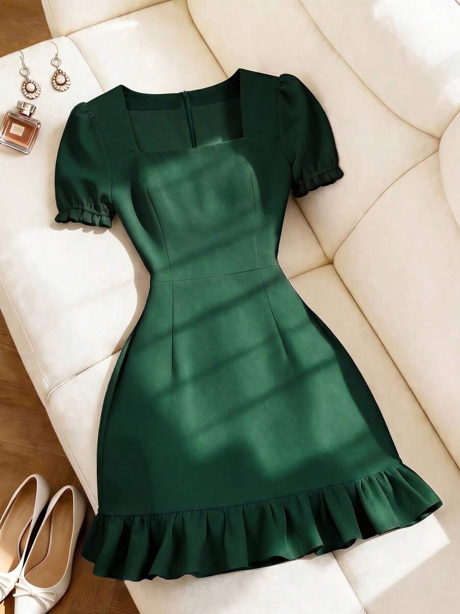 SHEIN Franclia Women's Pearl Collar Short Sleeve Square Neck Casual Slim A-Line Dress, Elegant Solid Color, Suitable For Guests, Banquets, Birthdays, Parties, Summer & Autumn, Apricot Color - Green - View 1