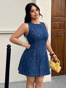 GalTyme Plus Size Women Cherry Pattern Round Neck Casual Sleeveless Dress - Blue - View 4