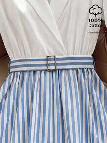 SHEIN Clasi Urban Fashion Elegant Vacation New Women's Spring/Summer Blue & White V-Neck Belt Puff Sleeve Contrast Lace Trim Textured Fabric Short Sleeve Dress Suitable For Daily Wear, Wedding, Evening Party, Daily Commute, Graduation Party, Holiday Events, Vacation, Dating, Party, Halloween, Christmas, New Year, Thanksgiving, Wedding Women's Dress Traceable Cotton - Blue and White - View 4