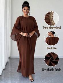 Maweii Plus Size Women's Brown Summer New Design Lightweight Irregular Sheer Chiffon Round Neck With Diamond Decoration Tie-Up Solid Color Dress - Brown - View 1