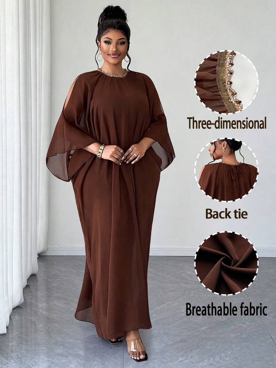 Maweii Plus Size Women's Brown Summer New Design Lightweight Irregular Sheer Chiffon Round Neck With Diamond Decoration Tie-Up Solid Color Dress - Brown - View 1