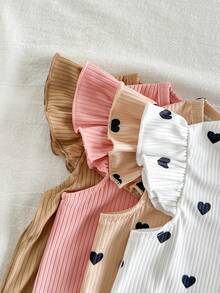 SHEIN 8件套女婴0-3岁春夏休闲日常穿搭可爱爱心图案纯色针织罗纹短袖背心和短裤套装 - 彩色 - 查看 6