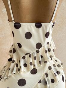 Soleia Women's Vacation Cream Yellow Vintage Polka Dot Print Ruffled Collar Multi-Layered Ruffle Hem Spaghetti Strap Dress - Light Yellow - View 4