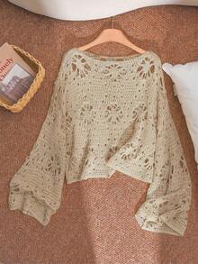 CosyJoli Plus Size Women Solid Color Hollow Casual Versatile Daily Wear Sweater Fall - Apricot - View 4