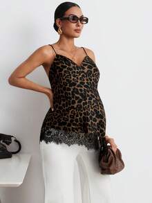 MaterniWear Brown Leopard Print Lace-Trimmed Asymmetrical Hem Maternity Tank Top, Suitable For Summer Casual Maternity Commuting Photoshoot. Women's Social Blouse - Khaki - View 6
